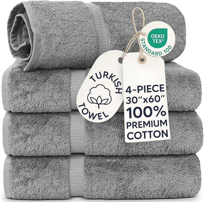 Chakir Turkish Linens 100% Cotton 4-Pack Bath Towels 30x60, Gray | 100% cotton bath towels, 30x60 extra large, OEKO-TEX certified, soft plush and absorbent