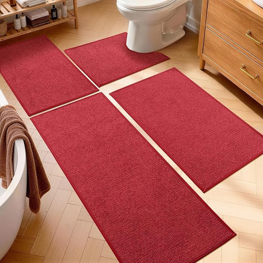 Red Bathroom Rugs Sets 4 Piece, Quick Dry Thin Bath Mat with Toilet Rug, Non Slip Absorbent Machine Washable, Bath Runner Rugs for Bathtub Sink Home Decor