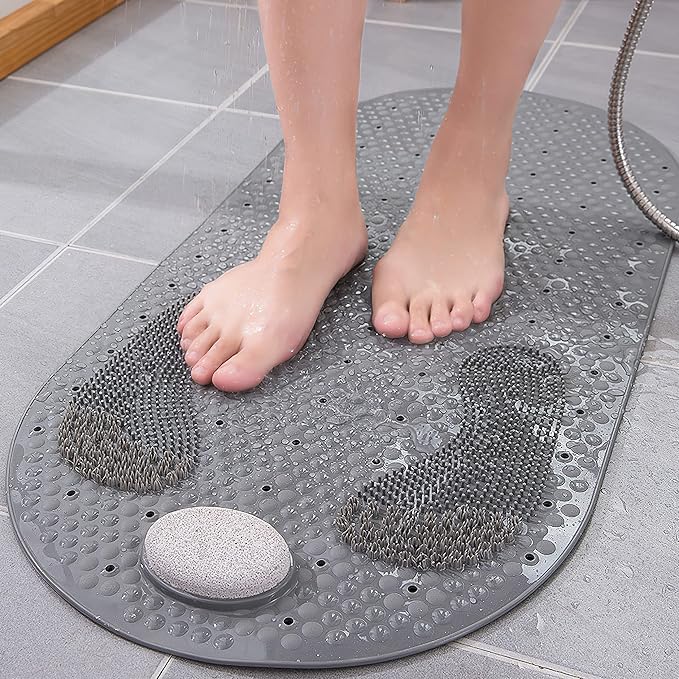 Shower Mat Foot Scrubber, Non-slip Bath Mat for Tub with Suction Cups, Shower Floor Bath Tub Mat with Feet Scrub Stone, 32 X 16 inch