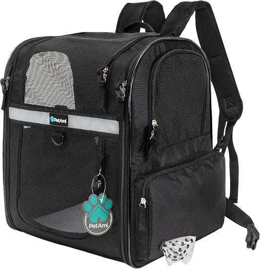 PetAmi Dog Backpack Carrier for Cats, 4-Way Entry Ventilated, 18 lbs, Black | Sherpa Bed Included, Foldable Load-In Top, Safety Reflective Strap, Breathable Mesh, Poop Bag Dispenser, Padded Back Support