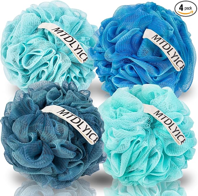 MTDLYICE Loofah Sponge, XXL Large Loofah 100g 4 Pack, Bath Sponge Soft Mesh Shower Loofah for Men, Body Scrub, Shower Pouf Bath Accessories, for Body Wash, Soap (Blue)