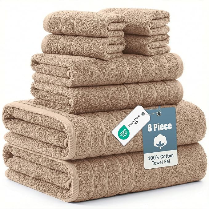 Casa Platino Bath Towel Set 100% Cotton 8 Piece Soft Absorbent - Beige | Shower Towels - Generously Sized, Oversized & Roomy, Lightweight & Breathable, Fade-Resistant Color, Classic Terry Weave