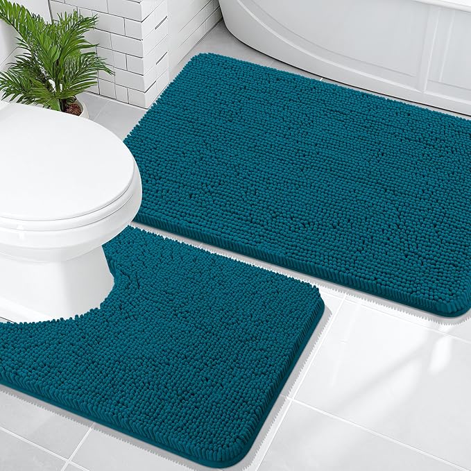 OLANLY Chenille Bathroom Rugs Sets 2 Piece, 36"x24"+24"x20", Peacock Blue | Soft Absorbent Bath Mat and U-Shaped Contour Toilet Rug Set, Quick Dry, Machine Washable Bath Carpet, Home Decor Accessories