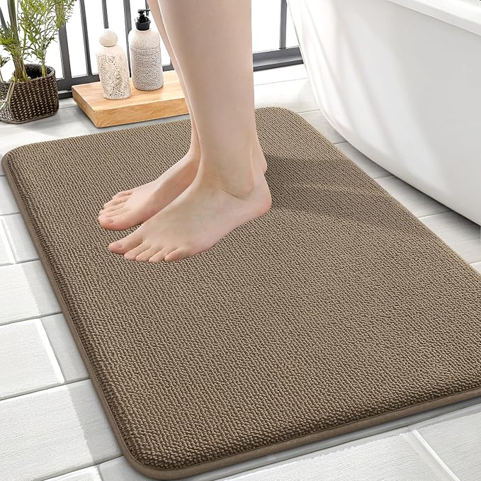 OLANLY Thick Memory Foam Small Bathroom Rug 24x16, Absorbent Bath Mat, Tan | Soft Quick Dry Bath Rugs, Non-Slip Carpet, Machine Washable Mat for Bathroom Floor, Tub and Shower, Home Decor Accessories