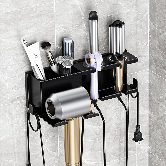 Hair Dryer Holder, Hair Tool Organizer Wall Mount, Adhesive or Drill, Black | Blow Dryer Holder for Dryer Hook, Straightener Curling Irons Hairdryer Hair Appliance Hanger for Salon Bathroom Wall Storage