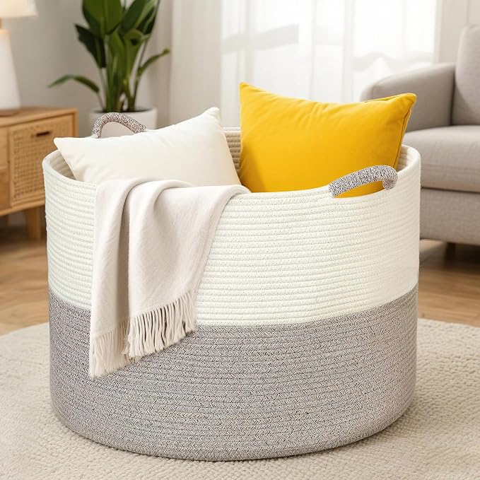 XXXXL 125L Extra Large Blanket Basket, 24.8" x 16" Jumbo Woven Basket (Includes 2 Cute Baskets), Cotton Rope Basket with Handle for Living Room, Baby Toys Nursery, Laundry (White/Gradient Brown)