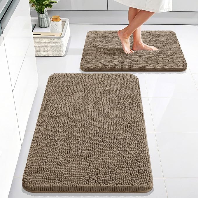 OLANLY Chenille Bathroom Rugs Mats Sets 2 Piece, 30"x20"+24"x16", Tan | Ultra Soft Absorbent Bath Rugs Set, Rubber Backing Non-Slip, Quick Dry, Machine Washable Bath Carpet, Home Decor Accessories