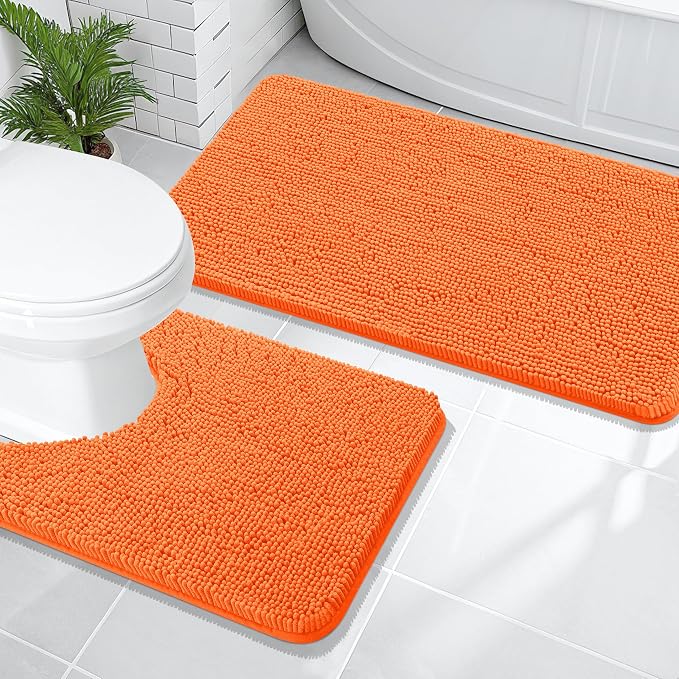 OLANLY Chenille Bathroom Rugs Mats Sets 2 Piece, 47"x20"+24"x20", Orange | Soft Absorbent Bath Mat and U-Shaped Contour Toilet Rug Set, Quick Dry, Machine Washable Bath Carpet, Home Decor Accessories