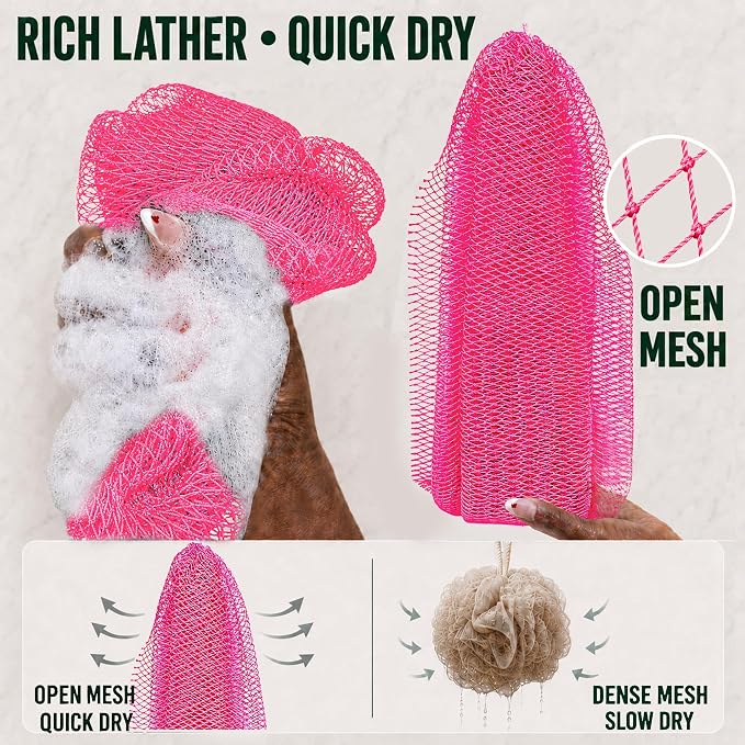 Authentic African Net Sponge, 2 Pack 45-Inch Exfoliating Bath Sponge and Shower Loofah for Body and Back, Colorfast Quick-Dry Knotted Mesh Scrubber with Travel Pouch (Black & Pink)