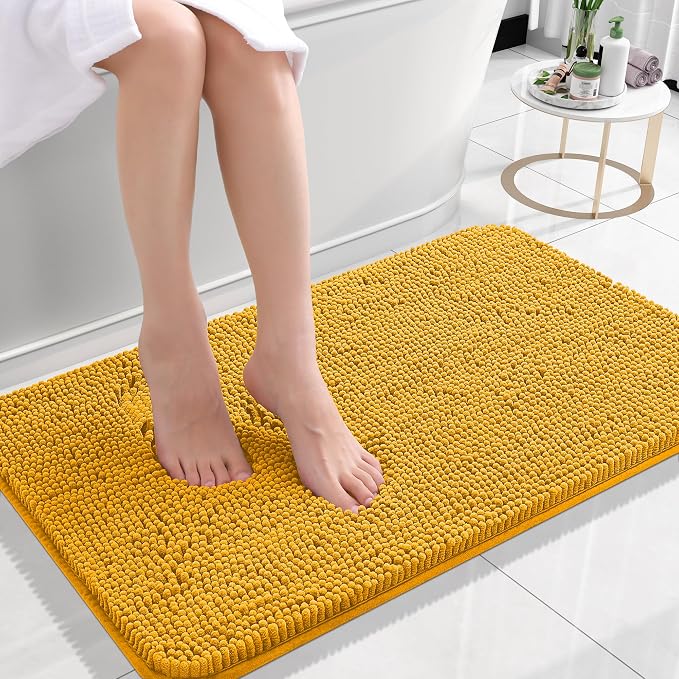 OLANLY Small Bathroom Rugs 24x16, Extra Soft Absorbent Chenille Bath Rugs | Golden Yellow, Quick-Drying Rubber Backing, Washable Bath Mat for Bathroom Floor, Tub and Shower, Home Decor Accessories