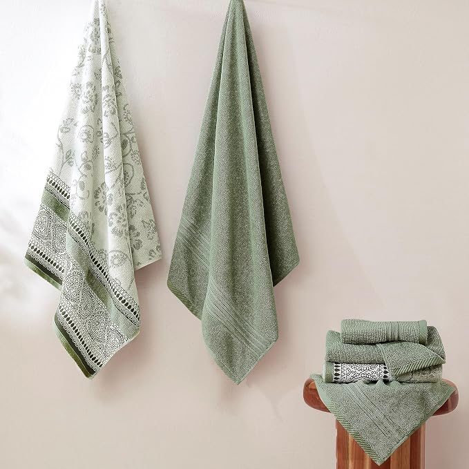 Modern Threads 6 Piece Bath Towel Set – Bathroom Set with 2 Bath Towels, 2 Hand Towels, and 2 Wash Cloths – 100% Cotton, Super Absorbent & Extra Soft – Reversible Floral Trail (Sage Green)