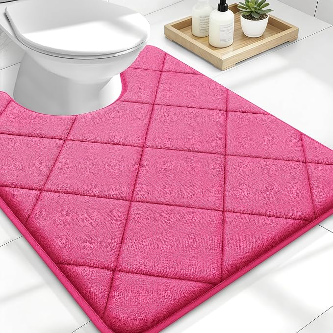 OLANLY Memory Foam Toilet Rugs U-Shaped 24x20, Ultra Soft and Absorbent | Deep Pink, Quick Dry Commode Contour Rugs, Machine Washable, Comfortable Bathroom Contour Bath Mats for Toilet Base
