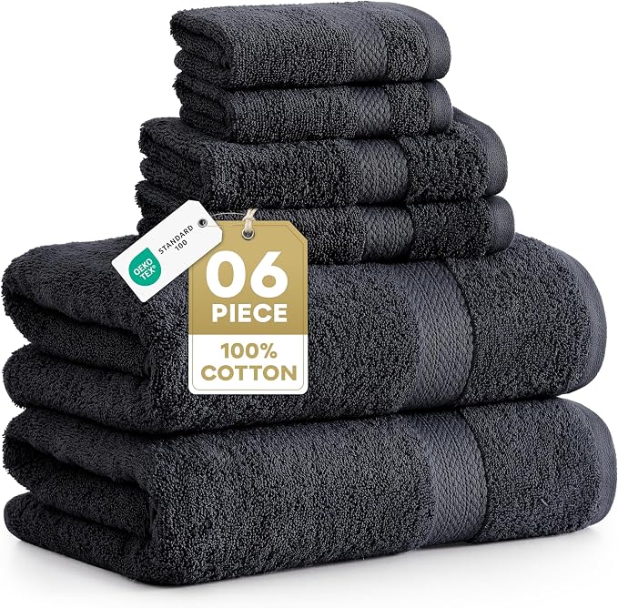 LANE LINEN Bathroom Towel Set 6 Piece Soft Absorbent Quick Dry - Black | Cotton Towel Set - Coordinated Colors, Dobby Border Accent, OEKO-TEX Certified, Ring-Spun Durability, Ring-Spun Cotton