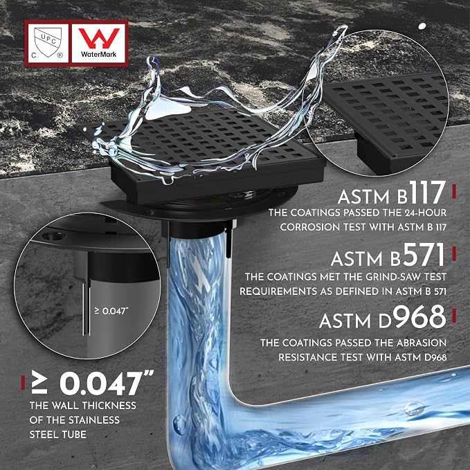 WEBANG 6 Inch Square Shower Drain Black Floor Drain with Flange Square Holes Pattern Cover Grate Removable SUS304 Stainless Steel Watermark&CUPC Certified Matte Black