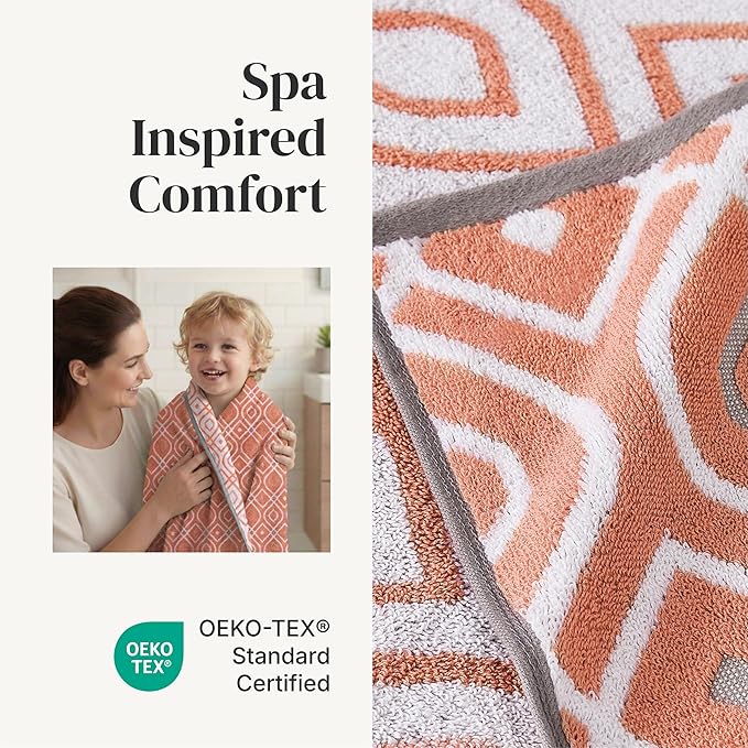 Modern Threads 6 Piece Bath Towel Set – Bathroom Set with 2 Bath Towels, 2 Hand Towels, and 2 Wash Cloths – 100% Cotton, Super Absorbent & Extra Soft – Reversible Classic Diamond (Rust Orange)