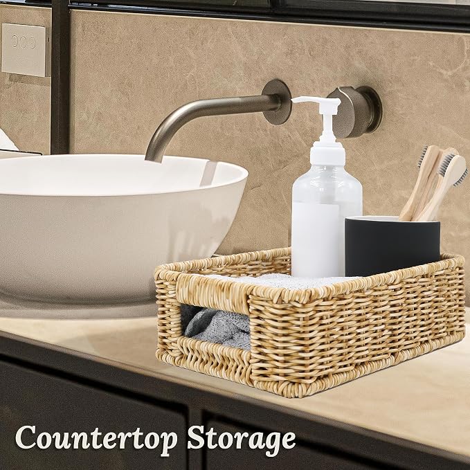 WeeNest Baskets for Organizing, Small Wicker, Storage Bins for Bathroom and Toilet Paper Rolls, Hand Woven Tank Topper with Handle, Set of 2, Oat Milk