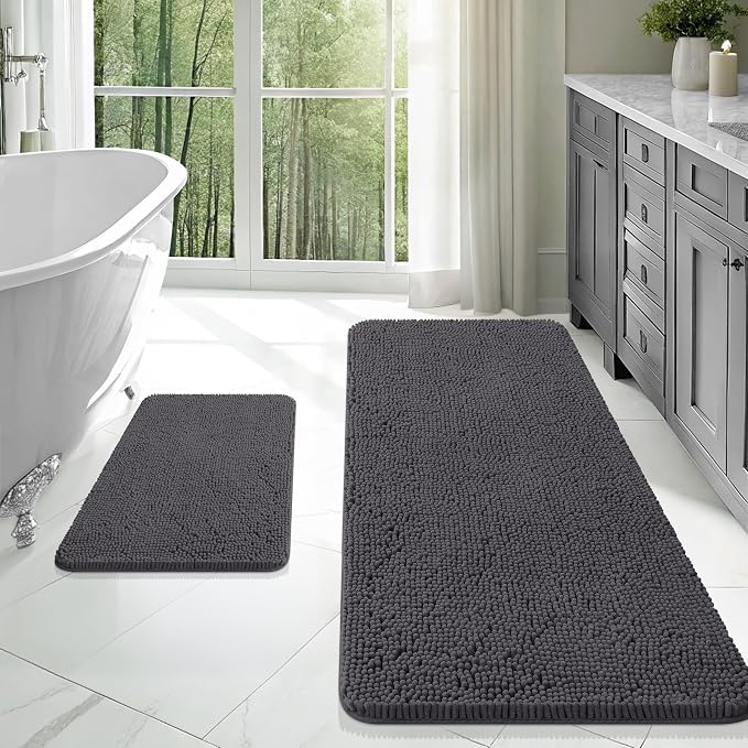 OLANLY Chenille Bathroom Rugs Mats Sets 2 Piece, 47"x20"+24"x16", Dark Grey | Ultra Soft Absorbent Bath Rugs Set, Rubber Backing Non-Slip, Quick Dry, Machine Washable Bath Carpet, Home Decor Accessories