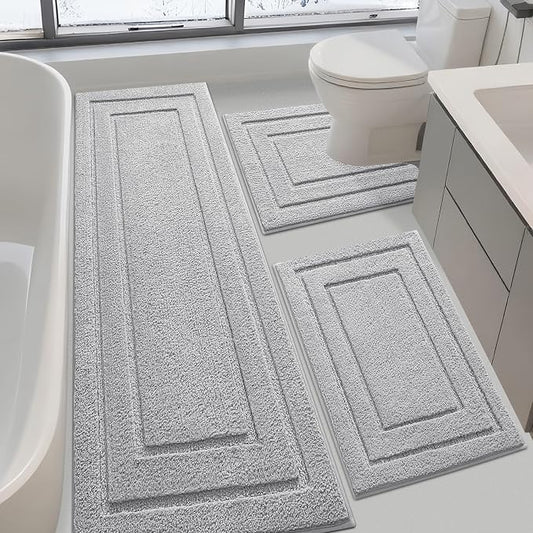 IM HOME Bathroom Rugs Sets 3 Piece, Ultra Soft Plush Fluffy Microfiber Absorbent Bath Mat, Non-Slip Backing, Machine Washable Bath Mats for Bathroom Floor, Tub, Toilet and Shower, Grey/Bordered