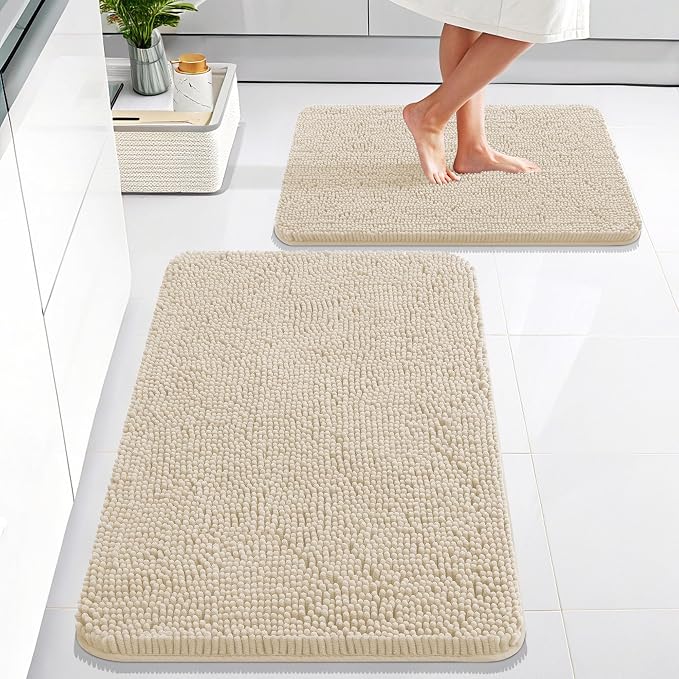 OLANLY Chenille Bathroom Rugs Mats Sets 2 Piece, 30"x20"+24"x16", Sand | Ultra Soft Absorbent Bath Rugs Set, Rubber Backing Non-Slip, Quick Dry, Machine Washable Bath Carpet, Home Decor Accessories