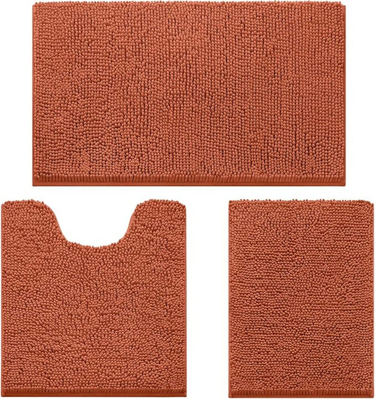 HOMEIDEAS Burnt Orange Chenille Bathroom Rugs Set of 3, Non Slip Bath Mat | Super Absorbent, Soft Microfiber, Machine Washable, Stain Resistant, for Bathroom Decor