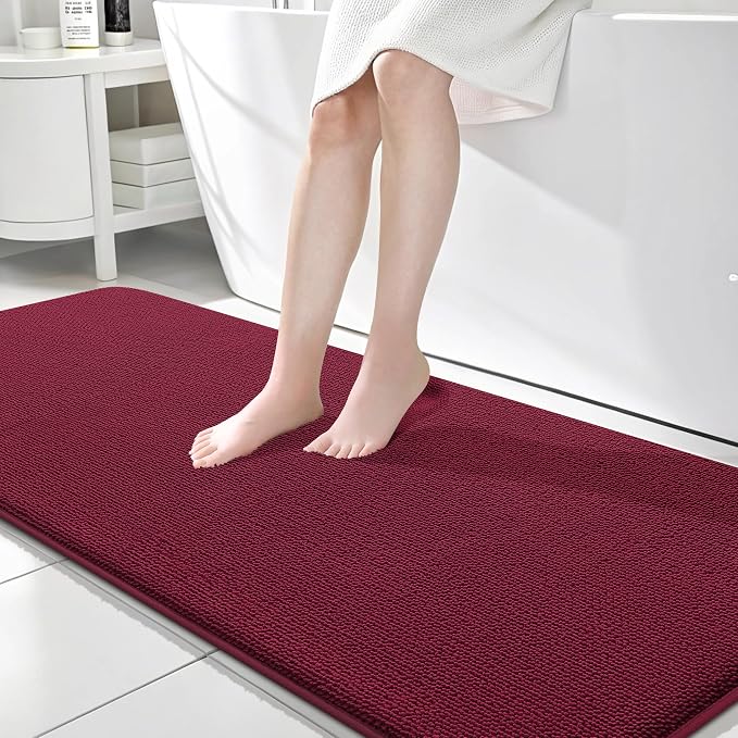 OLANLY Memory Foam Bathroom Runner Rugs 70x24, Absorbent Long Mat, Burgundy | Soft Quick Dry Bath Rugs, Non-Slip Carpet, Machine Washable Mat for Bathroom Floor, Tub and Shower, Home Decor Accessories
