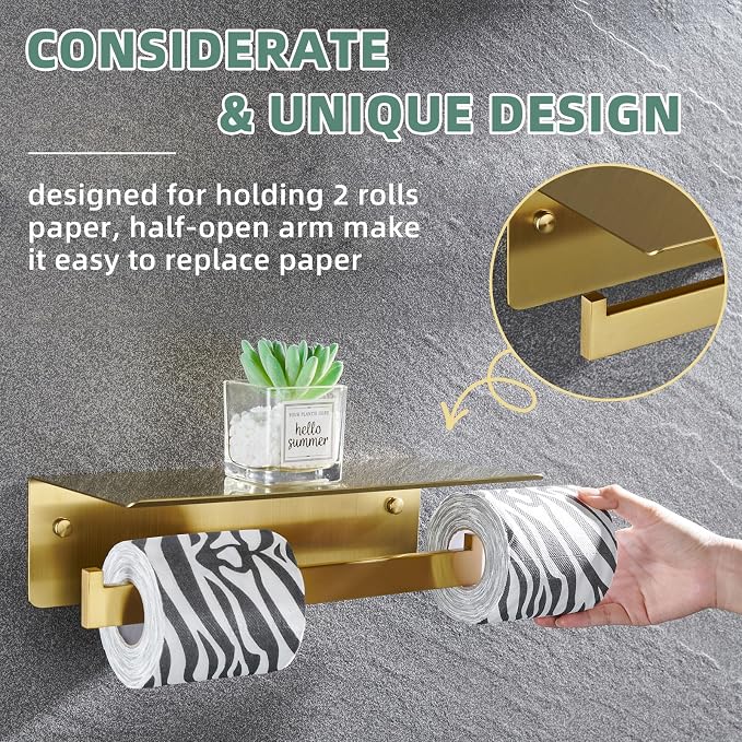 APLusee Brushed Dark Gold Double Toilet Paper Holder with Shelf, Heavy Duty 304 Stainless Steel Tissue Holder for Bathroom with Storage, Commercial Paper Roll Dispenser Wall Mounted