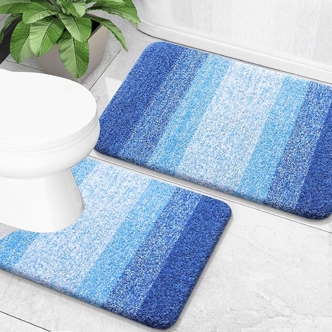 OLANLY Micorfiber Bathroom Rug Set 2 Piece, 30"x20"+U-Shaped 24"x20" | Light Royal Blue, Soft Absorbent Bath Mats and Contour Toilet Rug, Non-Slip, Machine Wash Dry, Plush Bath Mats for Bathroom