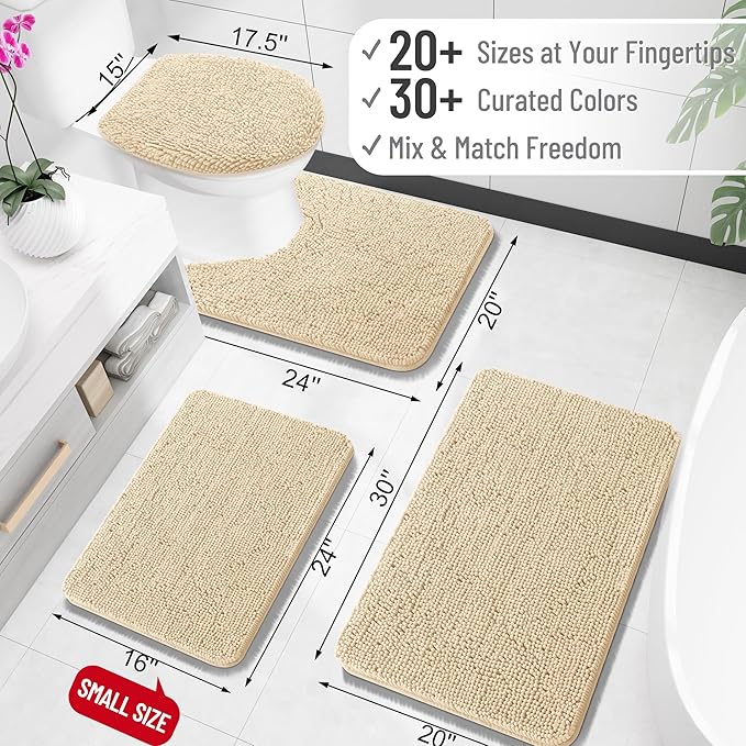 OLANLY Toilet Rugs U-Shaped 24x20, Soft Absorbent Chenille Contour Rugs | Beige, Quick-Drying Rubber Backing, Machine Washable Non-Slip Shaggy Bathroom Mat for Toilet, Home Decor Accessories