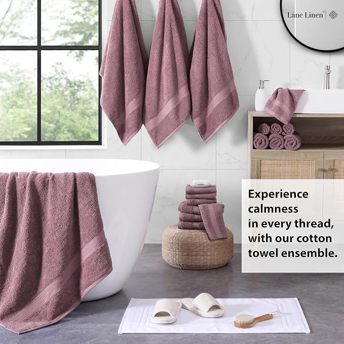 LANE LINEN Bath Towel Set Absorbent Quick Dry 100% Cotton - Wishful Mauve | Cotton Bath Towel Set - OEKO-TEX Certified, Ring-Spun Durability, Terry Weave Comfort, Hotel-Style Look