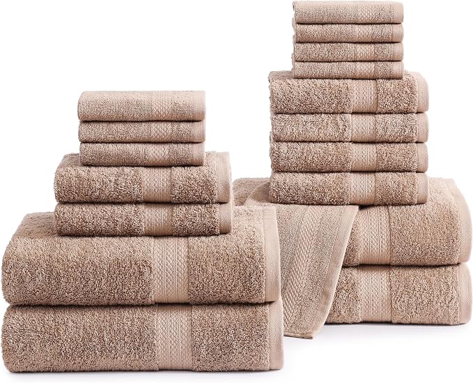 LANE LINEN Towel Set Quick Dry 100% Cotton 18 Piece Soft Absorbent - Taupe | Towels And Washcloths - Ring-Spun Durability, Terry Weave Comfort, Soft & Long-Lasting, Easy-Care