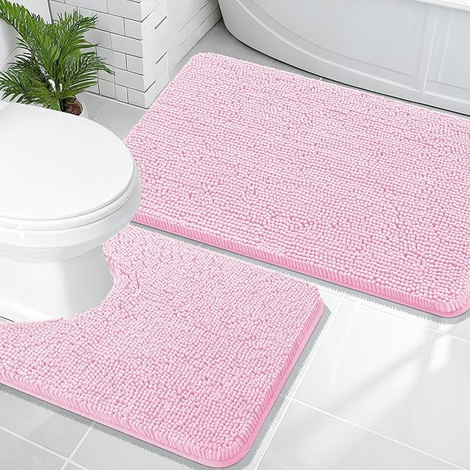 OLANLY Chenille Bathroom Rugs Mats Sets 2 Piece, 36"x24"+24"x20", Pink | Soft Absorbent Bath Mat and U-Shaped Contour Toilet Rug Set, Quick Dry, Machine Washable Bath Carpet, Home Decor Accessories