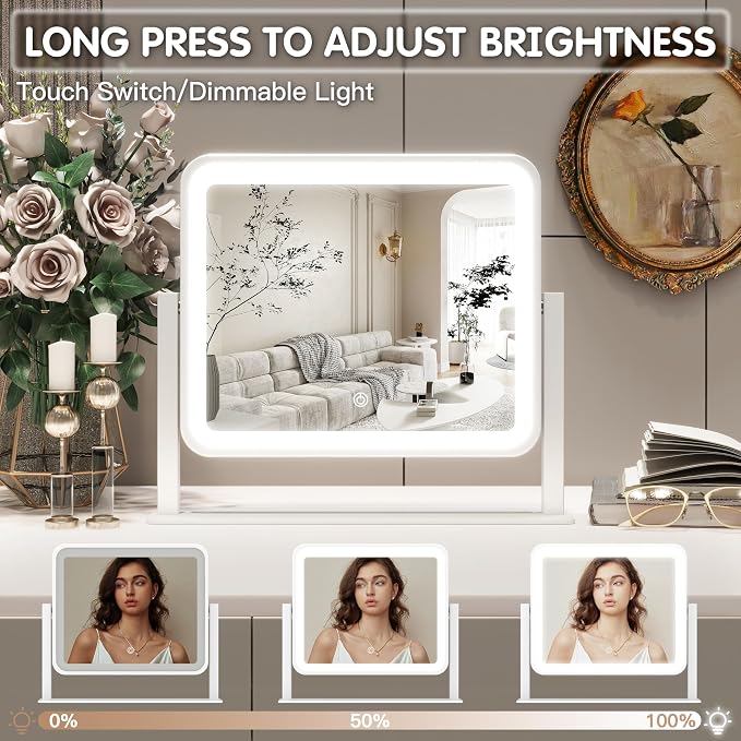 FENNIO Vanity Mirror with Lights 14"×12" Makeup Mirror with Lights,Lighted Vanity Mirror Tabletop,Smart Touch with 3-Color Lighting,Dimmable,for Vanity Desk Tabletop (Pack of 2)