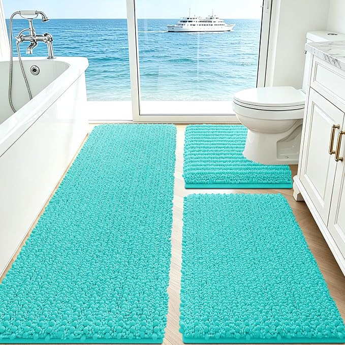 ACCUMTEK Upgrade Extra Large Teal Green Bathroom Rug Set 3 Pieces Ultra Soft, Thick Absorbent Bath Mats, Non Slip Chenille Toilet Mat for Bathroom, Bedroom, Kitchen, Turquoise