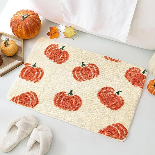 TRUEDAYS Beige Bathroom Rugs with Orange Pumpkins, Cute Bath Mat for Halloween and Thanksgiving, Soft Non Slip Farmhouse Mats Funny Indoor Rug Home Decor Fall and Autumn