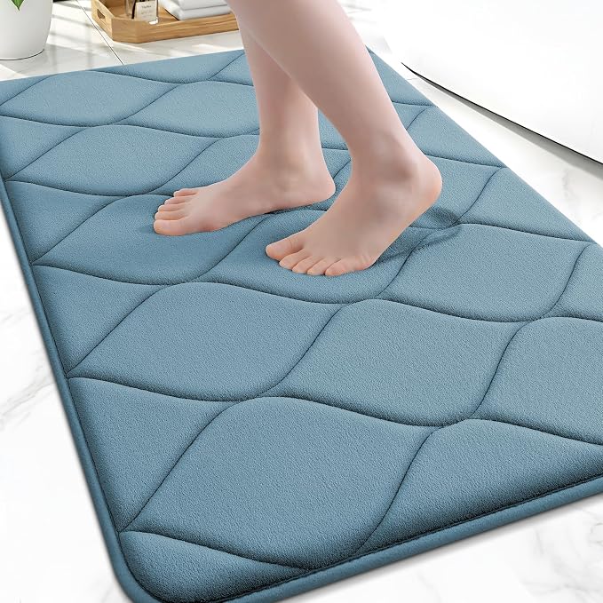 Smiry Memory Foam Bath Mat 24x16, Ultra Soft Absorbent Bathroom Rugs | Airy Blue, Plush Quick Dry and Machine Washable Cushion Bath Mats for Bathroom, Shower, Tub & Home Decor