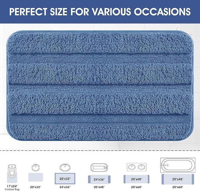 Striped Bathroom Rugs, Ultra Soft Plush Fluffy Microfiber Absorbent Bath Mat, Non-Slip Backing, Machine Washable Bath Mats for Bathroom Floor, Tub and Shower, Home Decor, Blue/32"x20"