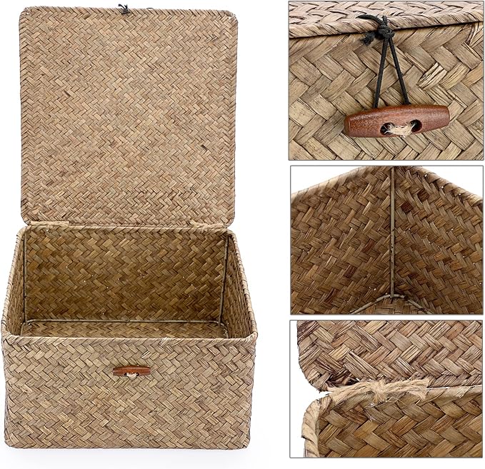 Hipiwe Wicker Shelf Baskets Bin with Lid Handwoven Seagrass Storage Basket Container Square Multipurpose Household Basket Boxes for Shelves and Home Organizer, Coffee Medium