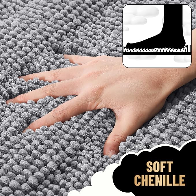 OLANLY Thick Chenille Bathroom Rugs Sets 3 Piece, 30"x20"+24"x16"+24"x20" | Grey, Absorbent Striped Bath Mats and U-Shaped Contour Toilet Rug, Home Decor Accessories, Bath Mat Set for Bathroom