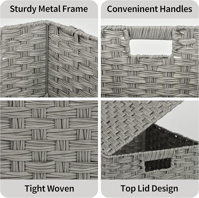GRANNY SAYS Wicker Storage Baskets, Decorative Boxes with Lids, Set of 3 Nesting Wicker Baskets for Organizing, Gray, 3-Pack