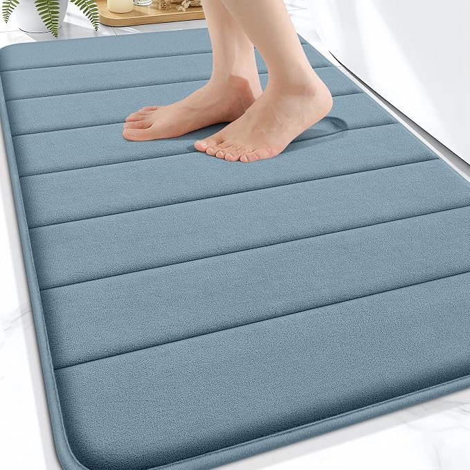 OLANLY Memory Foam Bath Mat 34x21, Super Soft and Absorbent Bathroom Rugs | Airy Blue, Quick Dry Bath Rug, Machine Washable Shower Floor Mats, Bathmat Carpet for Bathroom Floor, Tub and Shower