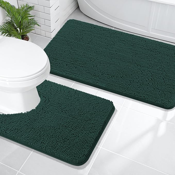 OLANLY Chenille Bathroom Rugs Sets 2 Piece, 47"x20"+24"x20", Blackish Green | Soft Absorbent Bath Mat and U-Shaped Contour Toilet Rug Set, Quick Dry, Machine Washable Bath Carpet, Home Decor Accessories