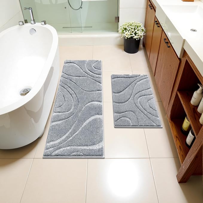 HEBE Bathroom Rugs Sets 2 Piece, Non Slip Washable Absorbent Bath Mat Set | Super Soft Plush Microfiber Bathroom Mats with Runner Set, Solid Bathmat for Floor, Bath Rug for Tub, Shower, Vanity