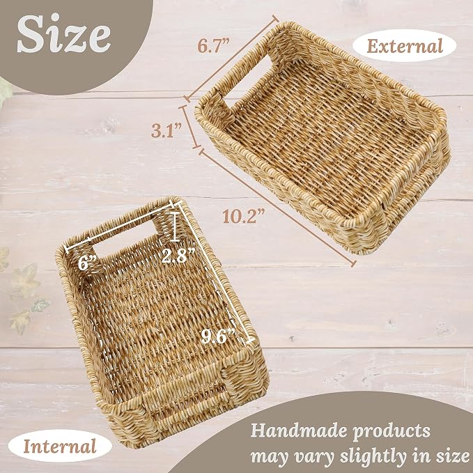 WeeNest Baskets for Organizing, Small Wicker, Storage Bins for Bathroom and Toilet Paper Rolls, Hand Woven Tank Topper with Handle, Set of 2, Oat Milk