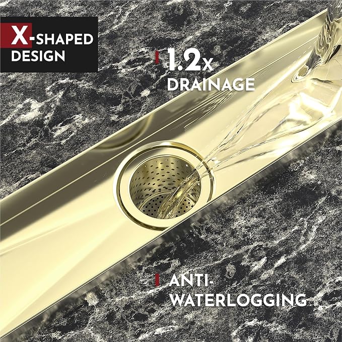WEBANG 36 Inch Linear Shower Drain Rectangular Floor Drain with Accessories Square Hole Pattern Cover Grate Removable SUS304 Stainless Steel CUPC Certified Brushed Gold
