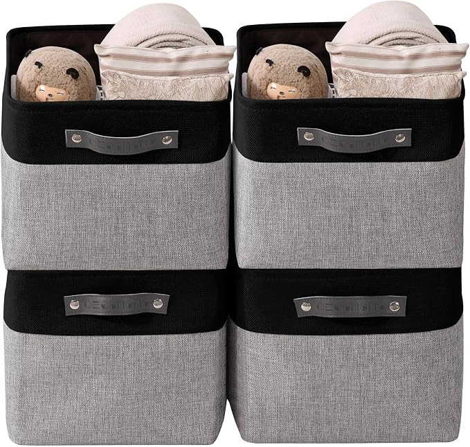 DECOMOMO Storage Bins, Large Fabric Storage Baskets for Shelves, Decorative Linen Closet Organizer, 15 x 11 x 9.5 inches (Grey & Black, 4 Pack)