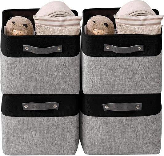 DECOMOMO Storage Bins, Large Fabric Storage Baskets for Shelves, Decorative Linen Closet Organizer, 15 x 11 x 9.5 inches (Grey & Black, 4 Pack)