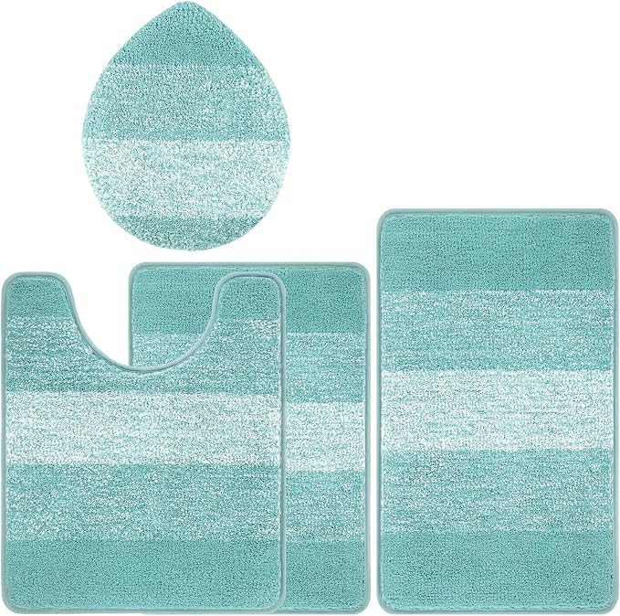 Bsmathom Bathroom Rug Set 4 Piece, Plush Microfiber Bath Mat, Teal | Super Water Absorbent, Non Slip Machine Washable Bath Rug Sets with Toilet Lid Cover and U-shaped Contour Toilet Mat