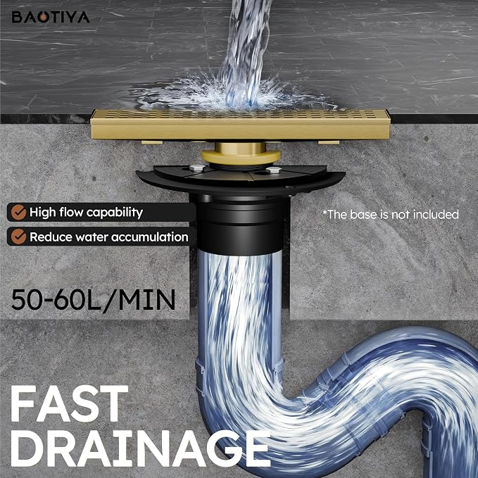 Linear Shower Drain 12 Inch, Modern Rectangle Shower Floor Drain with Removable Quadrato Pattern Grate, Stainless Steel SUS 304, Linear Drain with Leveling Feet& Hair Strainer