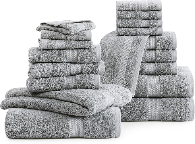 LANE LINEN Towel Set Soft Absorbent Quick Dry 100% Cotton 18 Piece - Grey | Cotton Bath Towels - Lightweight & Breathable, Fade-Resistant Color, Classic Terry Weave, Densely Woven & Durable