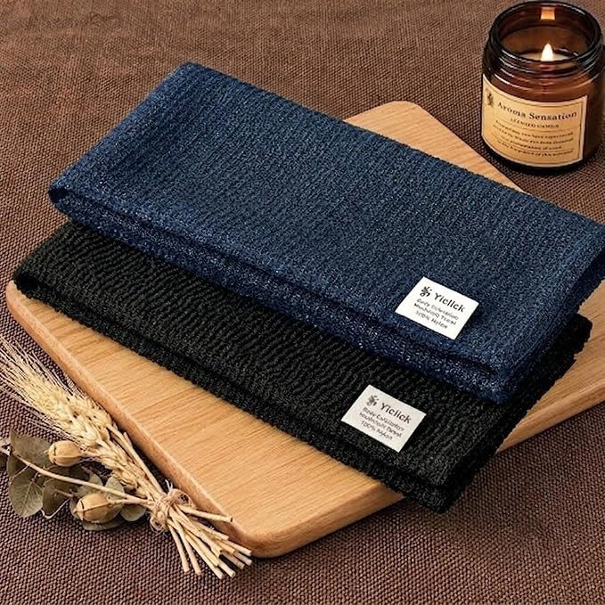 Exfoliating Body Scrubber, Back Scrubber for Shower Bath, Japanese Scrub Wash Cloth, Exfoliating Washcloth Towel for Men Women, Body Exfoliator Loofah Luffa Sponge (Molan+Black)